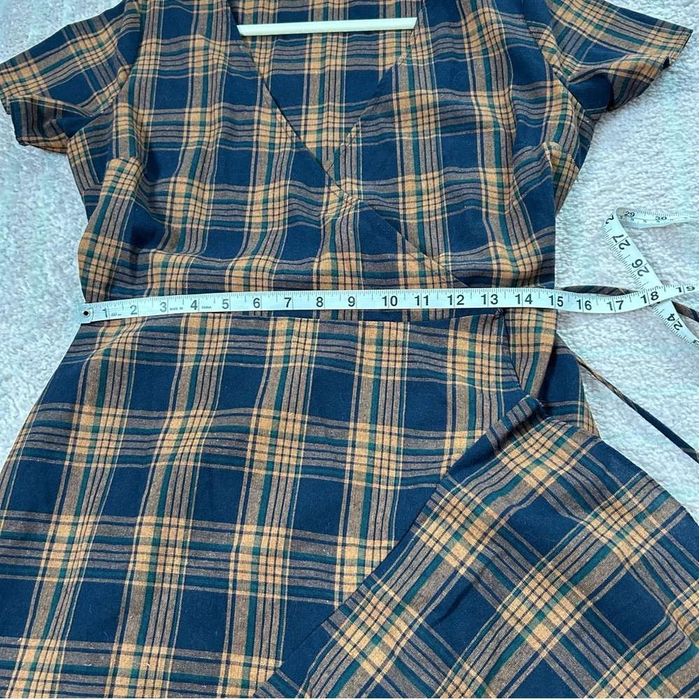 Stelen Cotton Plaid Wrap Dress Orange Navy Green Fall Plaid Size Med Ruffle Hem - Picture 7 of 9